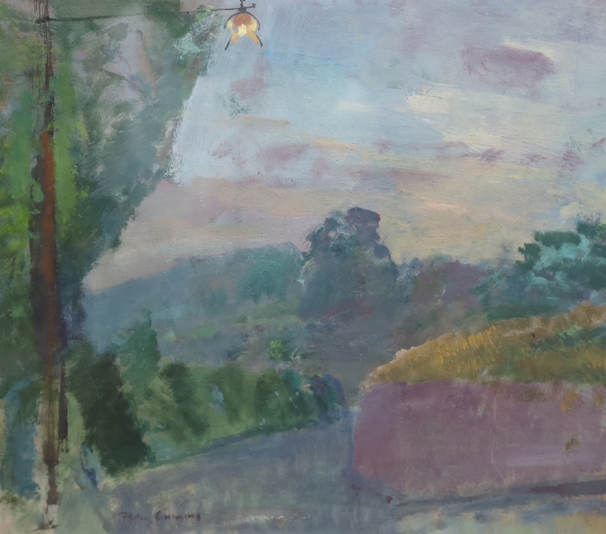 Fred Cuming R.A. (1930-2022), Landscape with lamp post, oil on board, 35 x 30cm